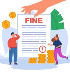 Tiny people with huge fine document flat vector illustration