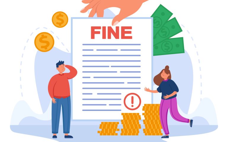 Tiny people with huge fine document flat vector illustration