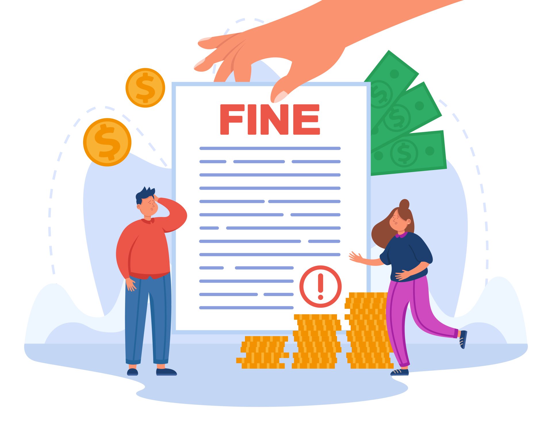 Tiny people with huge fine document flat vector illustration
