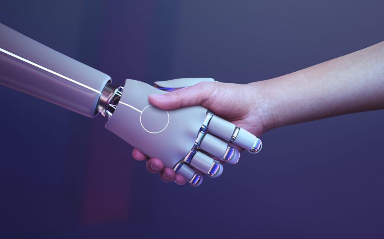 robot handshake human background futuristic digital age